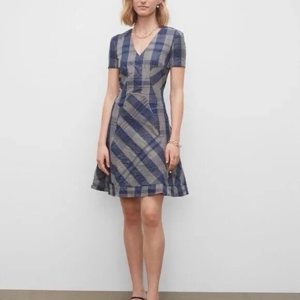 Club Monaco Blue and Gray Plaid Fit and Flare Dress